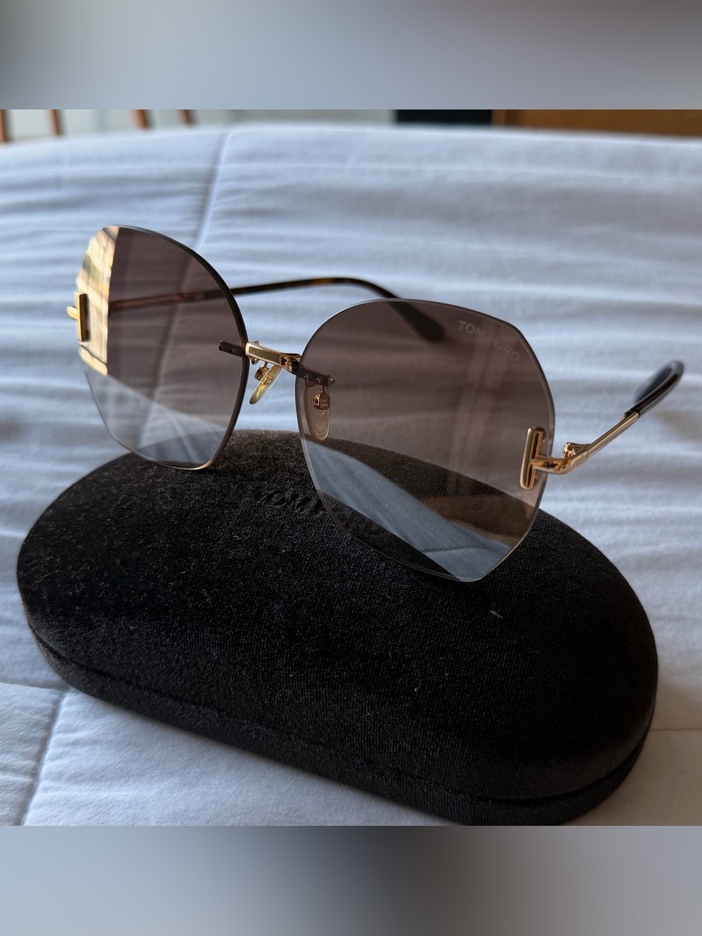 Tom Ford Rimless Sunglasses with Brown Lenses and Gold Hardware